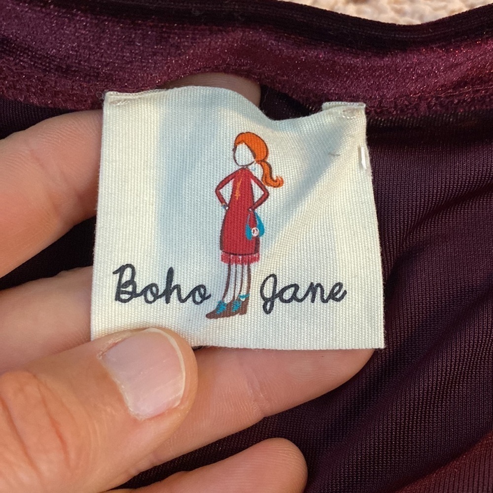 Boho‎ Jane wine red burgundy boat neck long sleeve velvet velour sweatshirt top - Picture 3 of 5